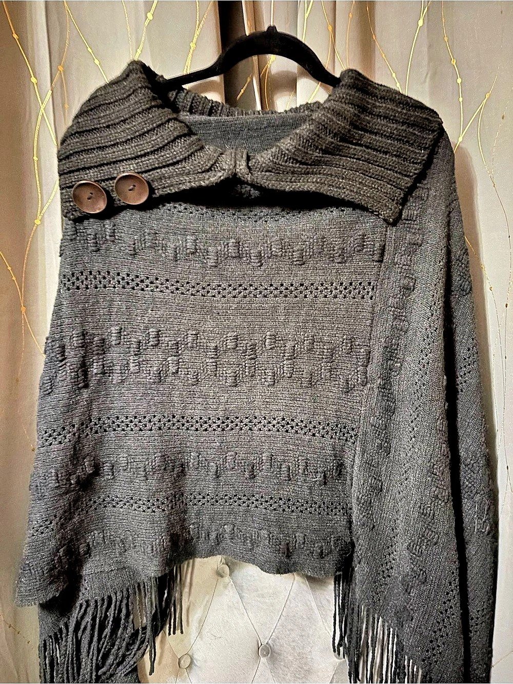 Women's Black  Shaw with Cowl Neck Fringe